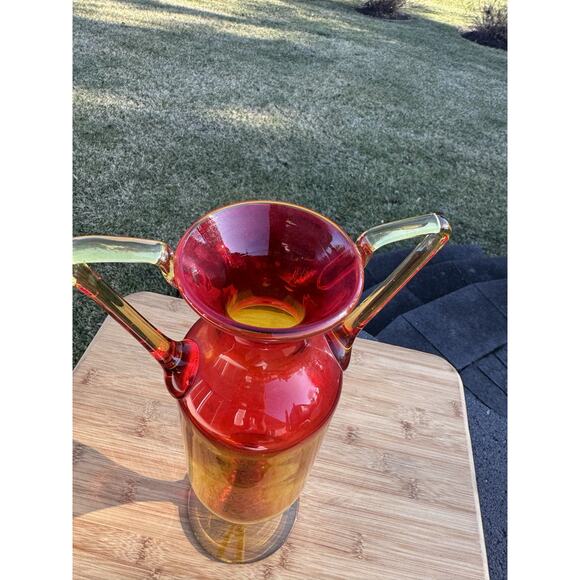Vintage MCM Blenko Art Glass Amberina Tangerine Vase With Handles -13.75" Tall - Picture 6 of 8